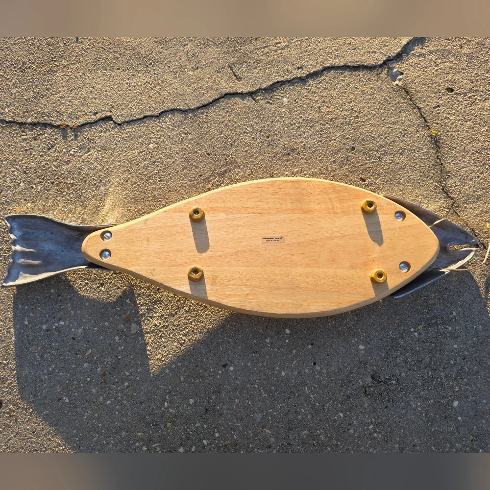 Decorative Fish-Shaped Serving Board - Natural Wood with Silver Accents - Picture 5 of 7